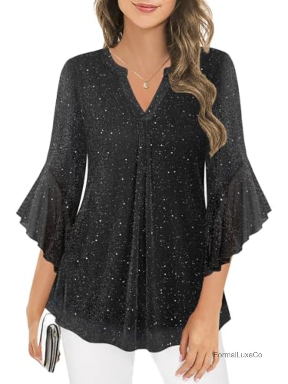Women's Sparkly Sequin Tunic Blouse 3/4 Sleeve V-Neck Dressy Party Top